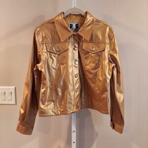 R4R Rave 4 Real Gold Faux Leather Jacket Large Patent Leather Metallic 90s Y2K